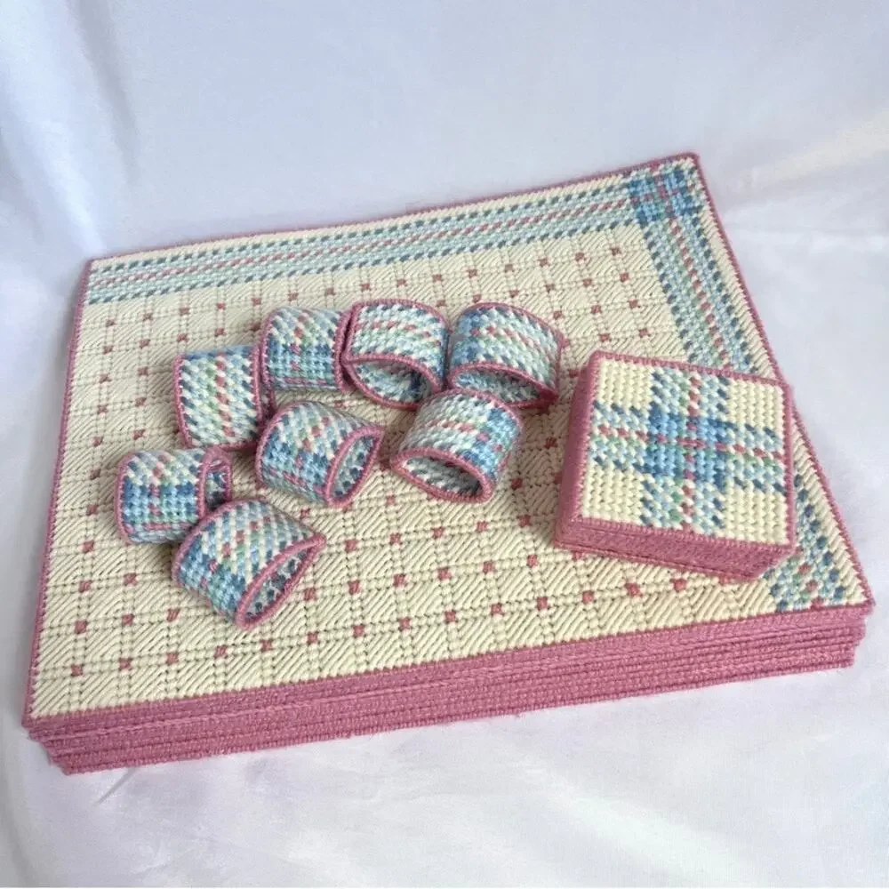 NEEDLEPOINT Vintage 26pc Placemats Coasters & Napkin Rings Set Table Setting